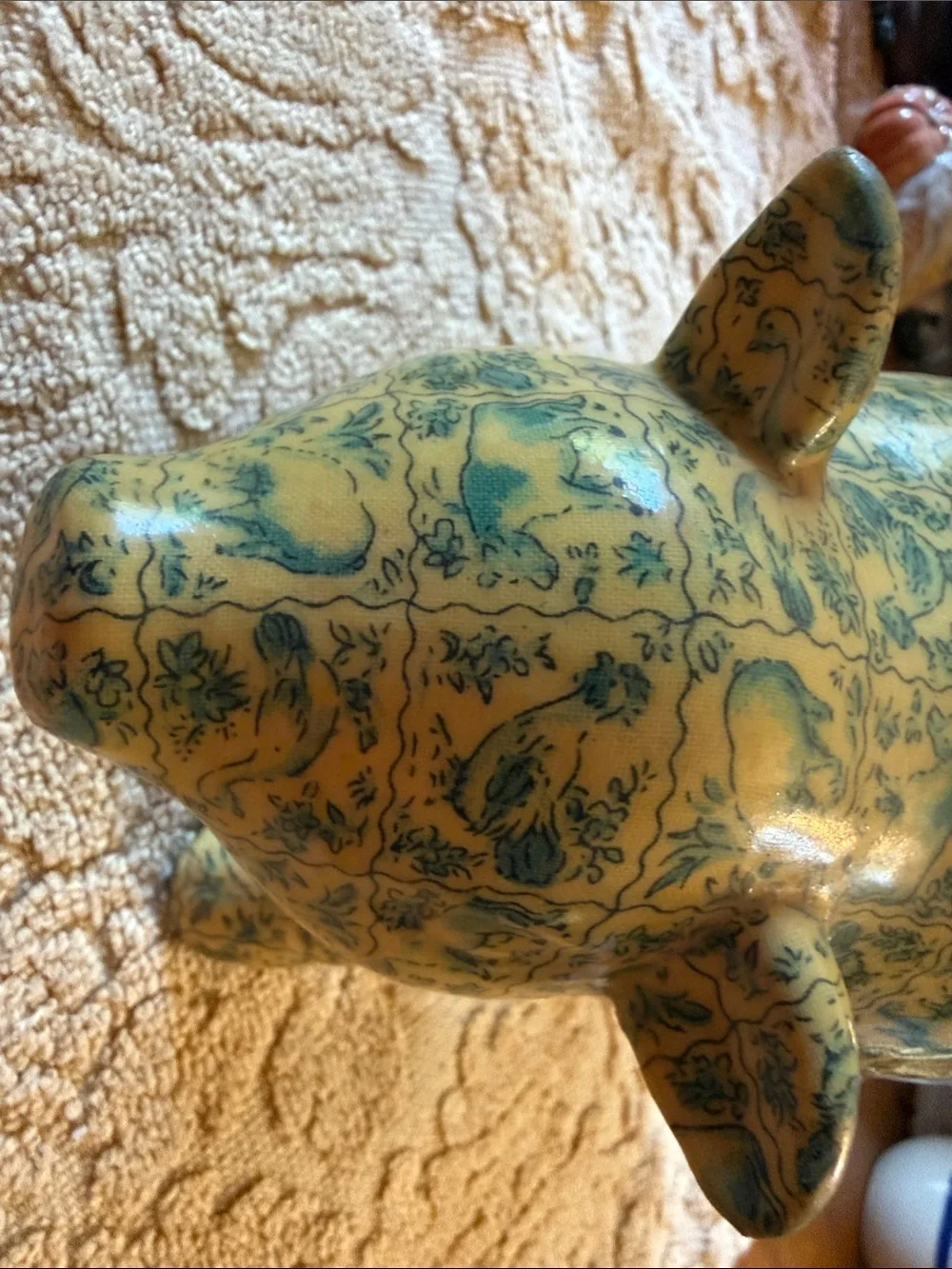 Porcelain Pig Figurine Blue Farmyard Print